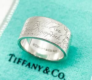 Tiffany & Co. Notes Script Fifth Avenue New York Wide Band Ring Silver Size 8.75